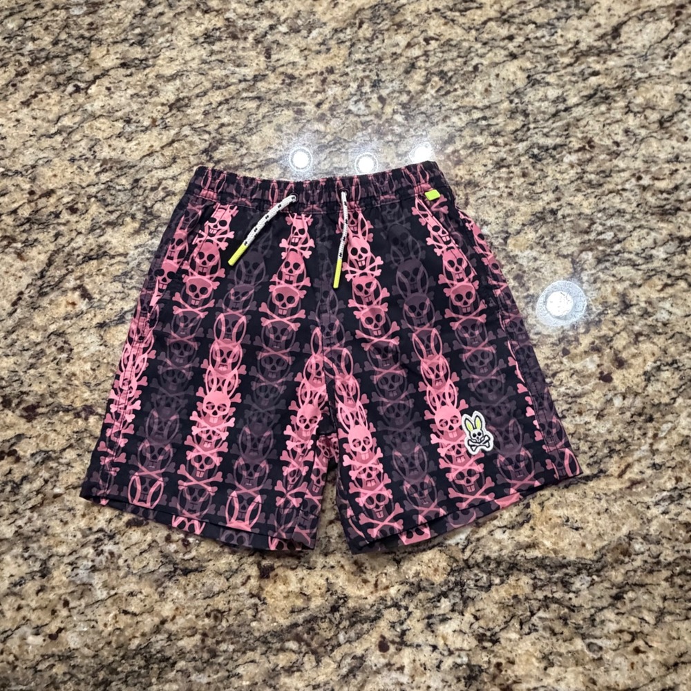 Psycho Bunny Kids Swim Trunks Pink Black Skull Bunny Pattern Size 4 ws